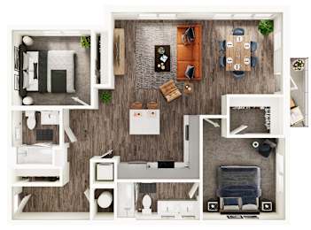 A top-down view of a well-organized apartment with a kitchen, living room, and bedroom.