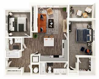 A top-down view of a small apartment with a living room, kitchen, and bedroom.
