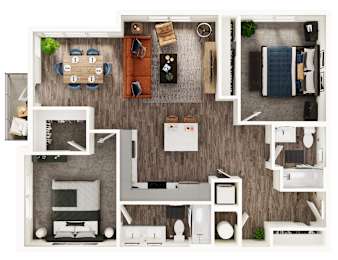 A top-down view of a well-organized living space with furniture and decor.