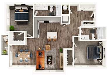 A top-down view of a house layout with a kitchen, living room, dining area, and bedrooms.