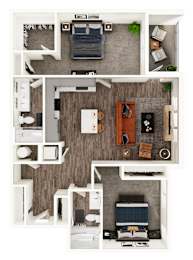 A series of images showing different layouts of a room with a couch, a bed, a desk, a chair, a plant, a clock, a bookshelf, a table, a rug, a door, a window, a
