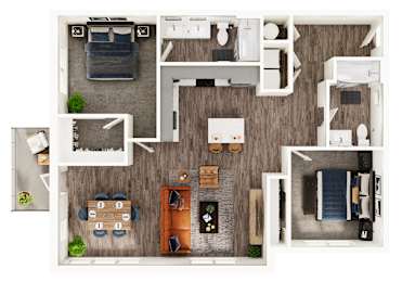 A top-down view of a house layout with a living room, kitchen, dining area, and bedrooms.