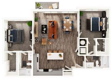 A top-down view of a room with a wooden floor and white walls.