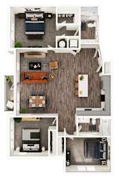 A top-down view of a small apartment with a living room, kitchen, and bedroom.