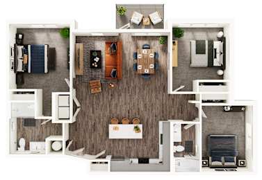 A top-down view of a house layout with a kitchen, living room, dining room, and bedrooms.