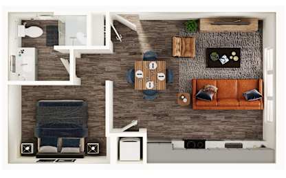 A top-down view of a living room with a couch, a coffee table, and a television.