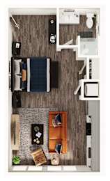 A top-down view of a small apartment with a kitchen, living room, and bathroom.