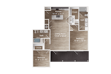 2-bedroom apartment entry next to closet, faces kitchen with island, laundry closet, and a coat closet. Living room to right with large balcony. Bedroom 1 with closet. Bedroom 2 with dual vanity bath, walk-in closet.