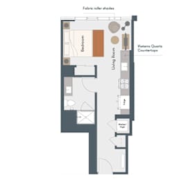 A floor plan of an apartment with a living room, bedroom, and kitchen.