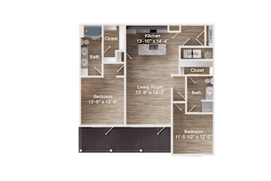 2-bedroom apartment entry next to coat closet and utility closet. Hallway into kitchen with island, pantry, second closet. Living room ahead into large balcony. Hallway into Bedroom 1 with bath access and closet. Bedroom 2 with balcony access, dual vanity bath, walk-in closet.