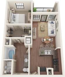 A top-down view of a small apartment with a bedroom, living room, and kitchen.
