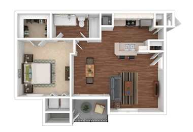A 3D floor plan of a house showing a kitchen, living room, and two bedrooms.