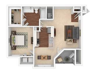 A floor plan of a house with a kitchen, living room, and two bedrooms.