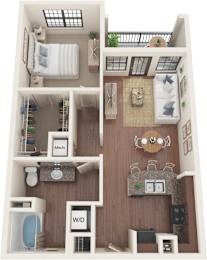 A dollhouse with a bedroom, living room, and bathroom.