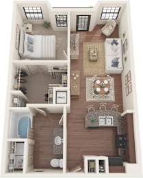 A dollhouse with a living room, kitchen, and bathroom.