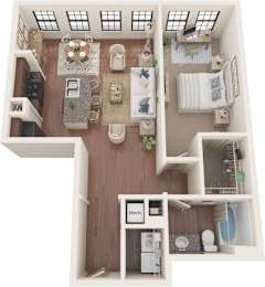 A cutaway view of a house showing a kitchen, dining area, living room, and bathrooms.