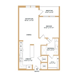 A floor plan of a room with labeled sections such as "BREATHE", "ENTERTAIN", and "DINING".