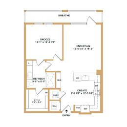 A floor plan of a house with labeled rooms such as "BREATHE", "ENTERTAIN", and "REFRESH".