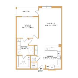 A floor plan of a house with labeled rooms such as "BREATHE", "ENTERTAIN", and "REFRESH".
