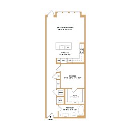 A floor plan of a room with an entertaining area and a bathroom.