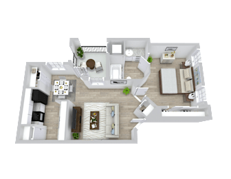A 3D floor plan of a house with a kitchen, living room, and two bedrooms.