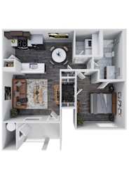 A top down view of a modern apartment with a kitchen, living room, and bathroom.
