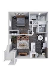 A 3D floor plan of a house with a kitchen, living room, and bathroom.