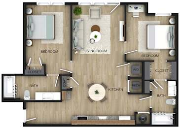 A floor plan of a house with two bedrooms, a living room, a kitchen, a bath, a closet, and a mech.
