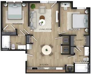 A floor plan of a house with a kitchen, living room, and two bedrooms.