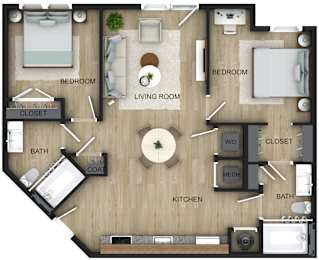 A floor plan of a house with a living room, kitchen, two bedrooms, two bathrooms, and a coat closet.