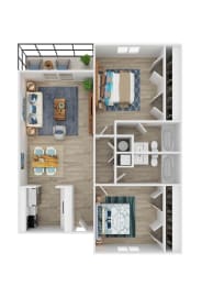 a stylized floor plan with a bedroom and a living room