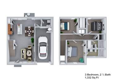 A 3 bedroom, 2 1/2 bathroom apartment is 1,332 square feet.
