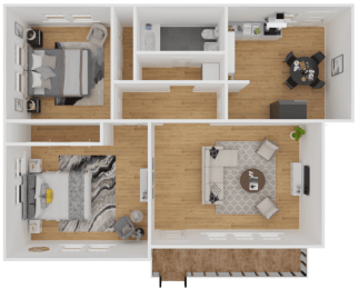 a 3d rendering of a bedroom with a living room and a dining room