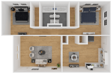 a 3d rendering of the 1 bedroom floor plan of an apartment