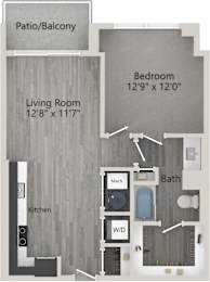 A floor plan of a home with a living room, kitchen, patio, and two bedrooms.