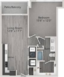 A floor plan of a small apartment with a living room, kitchen, patio, and bathroom.