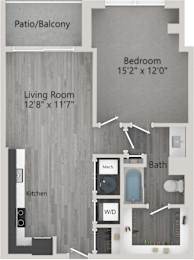A floor plan of a home with a patio, living room, kitchen, bedroom, bathroom, and a workspace.