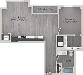 A floor plan of a small apartment with a living room, bedroom, and bathroom.