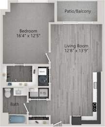 A floor plan of a small apartment with a bedroom, living room, bathroom, and patio/balcony.