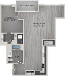 A floor plan of a home with a living room, bedroom, bathroom, and patio/balcony.