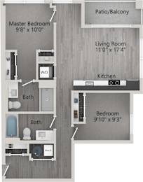 A floor plan of a small apartment with a master bedroom, living room, kitchen, and two bathrooms.