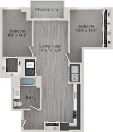 A floor plan of a home with a living room, two bedrooms, a bathroom, and a patio/balcony.