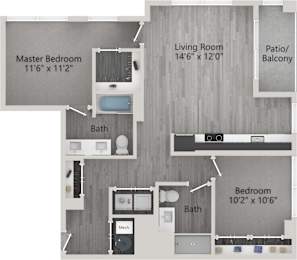 A diagram shows the layout of a home with a master bedroom, living room, patio, and two bathrooms.