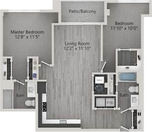 A floor plan of a home with a master bedroom, living room, and bathrooms.