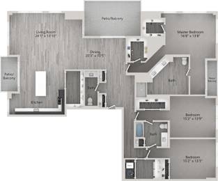 A floor plan of a house with a living room, kitchen, dining room, two bedrooms, a bathroom, and a patio.