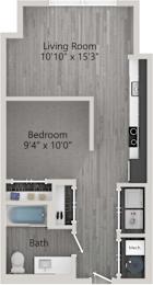A diagram of a small apartment with a living room, bedroom, and bathroom.
