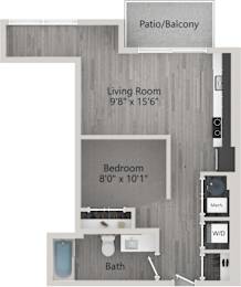 A floor plan of a small apartment with a living room, bedroom, bathroom, and patio.