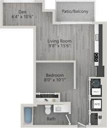 A floor plan of a small apartment with a den, living room, patio, balcony, and bathroom.