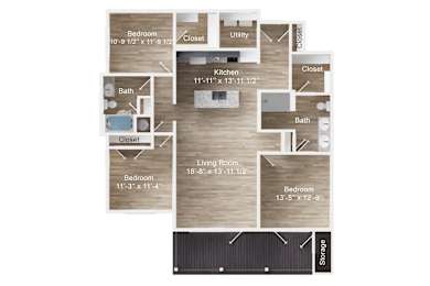 3-bedroom apartment entry next to coat closet. Hallway into kitchen with island, then living room with large balcony with storage. Bedroom 1 with balcony access, dual vanity bath, walk-in closet. Bedroom 2 with closet. Bedroom 3 with bathroom access, walk-in closet.