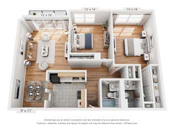 A 3D floor plan of a house with labeled dimensions.